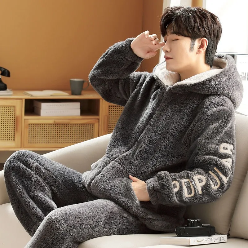 2023 New Men Pajamas Autumn Winter Coral Velvet Padded Hooded Loungewear Warm Flannel Cotton-padded Jacket Homewear Suit
