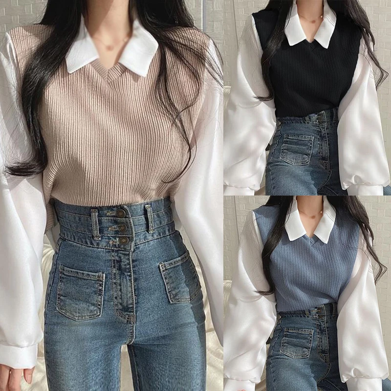 Autumn Winter Women's T-shirts Lapel new Casual Versatile Long Sleeves 2025 FakeTwo Pieces Tops
