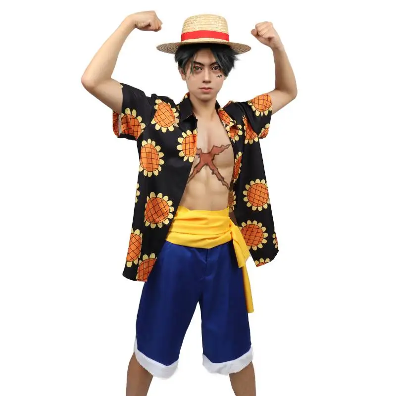 2025 DAZCOS Hot Anime Luffy Cosplay Men Shirt Summer Daily Wear Stage new Performance Halloween Suower Shirt Short with Sash