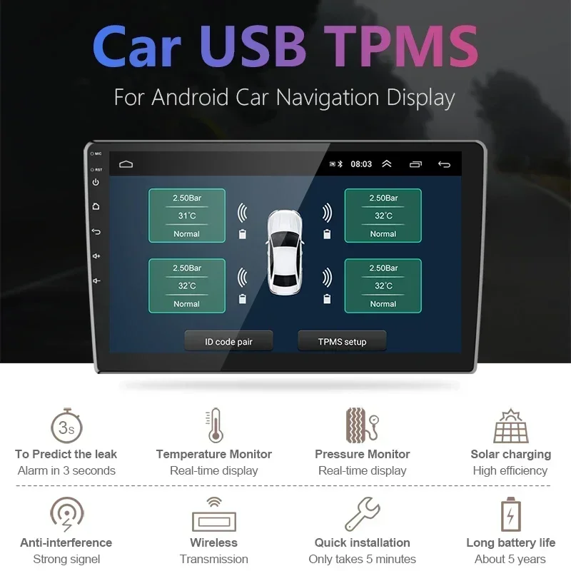Srnubi Android TPMS for Car Radio DVD Player Tire Pressure Monitoring System Spare Tyre Internal External Sensor USB TMPS