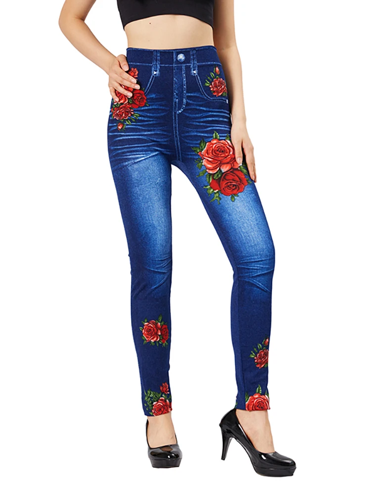 CUHAKCI Elegant Women Casual Fake Jeans Red Rose Flower Print Vintage Stretch Pencil Pants Slim Fit Thin Workout Yoga Jeggings smile
