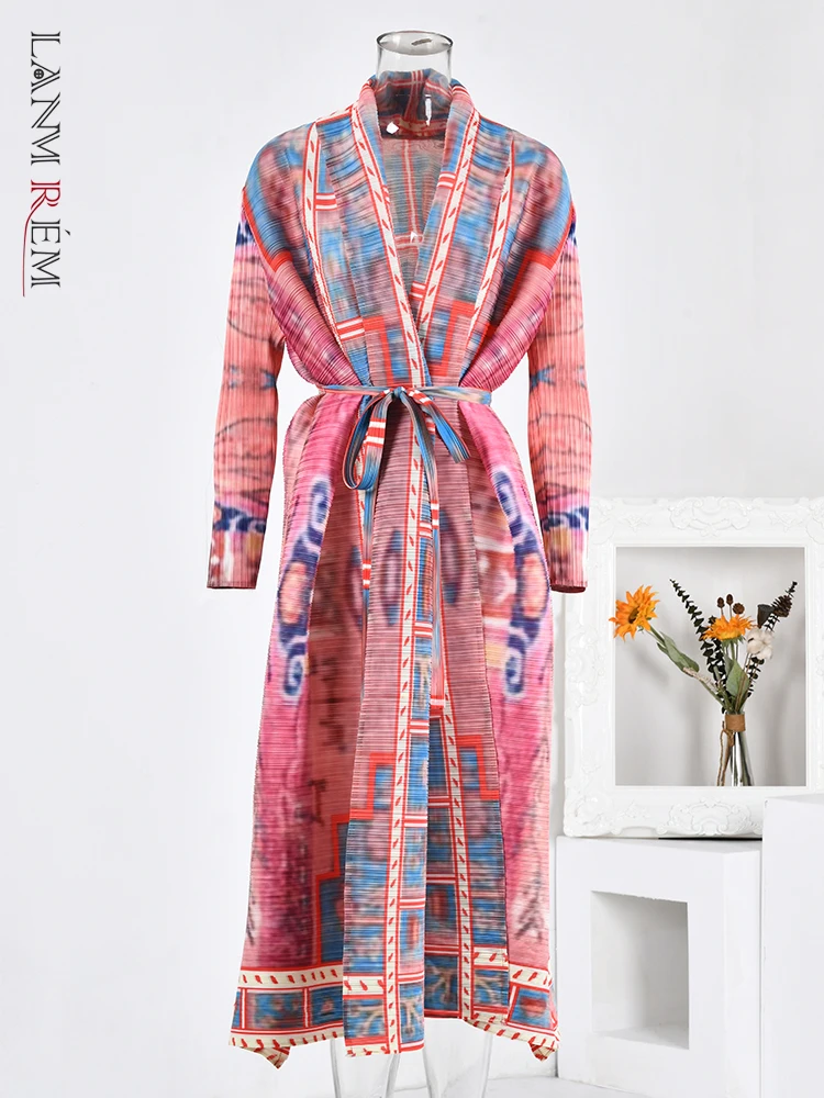 LANMREM Retro Pleated new Trench Coat For Women Long Sleeves Printing Open 2025 Coats Casual Outdoor Clothing 2024 New 32D891