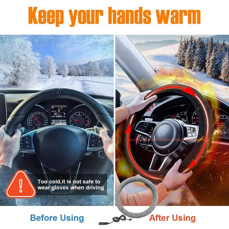 V Heated Steering Wheel Handle Cover Auto Interior Heating Plush Universal Car Accessories Fit Diameter cm