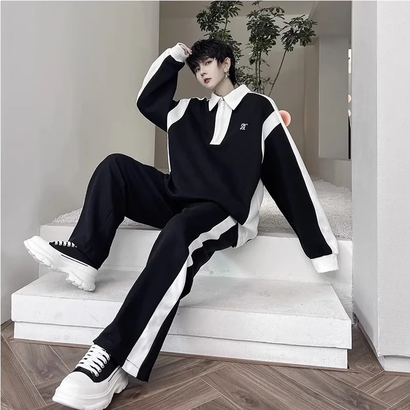 Elegant Black White Color Contrast Sports Shirt Set Long Sleeved Polo Shirt Sweatpants Two Piece Set Casual Handsome Tracksuit