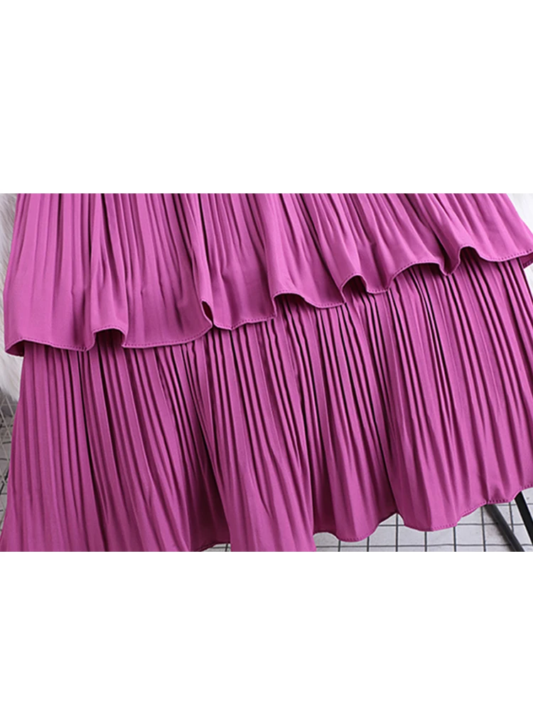 TIGENA Tiered Pleated Long Skirt for Women New Korean Casual Solid All-match A Line High Waist 2025 new Mid-length Skirt Female Purple