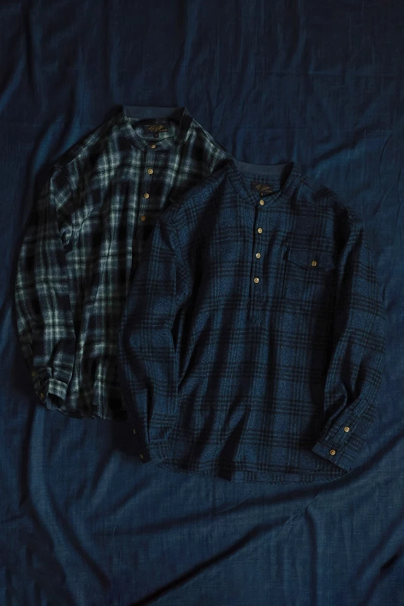 Second Order Band Collar Flannel Shirt Retro Style Woolen Plaid Pullover Shirt