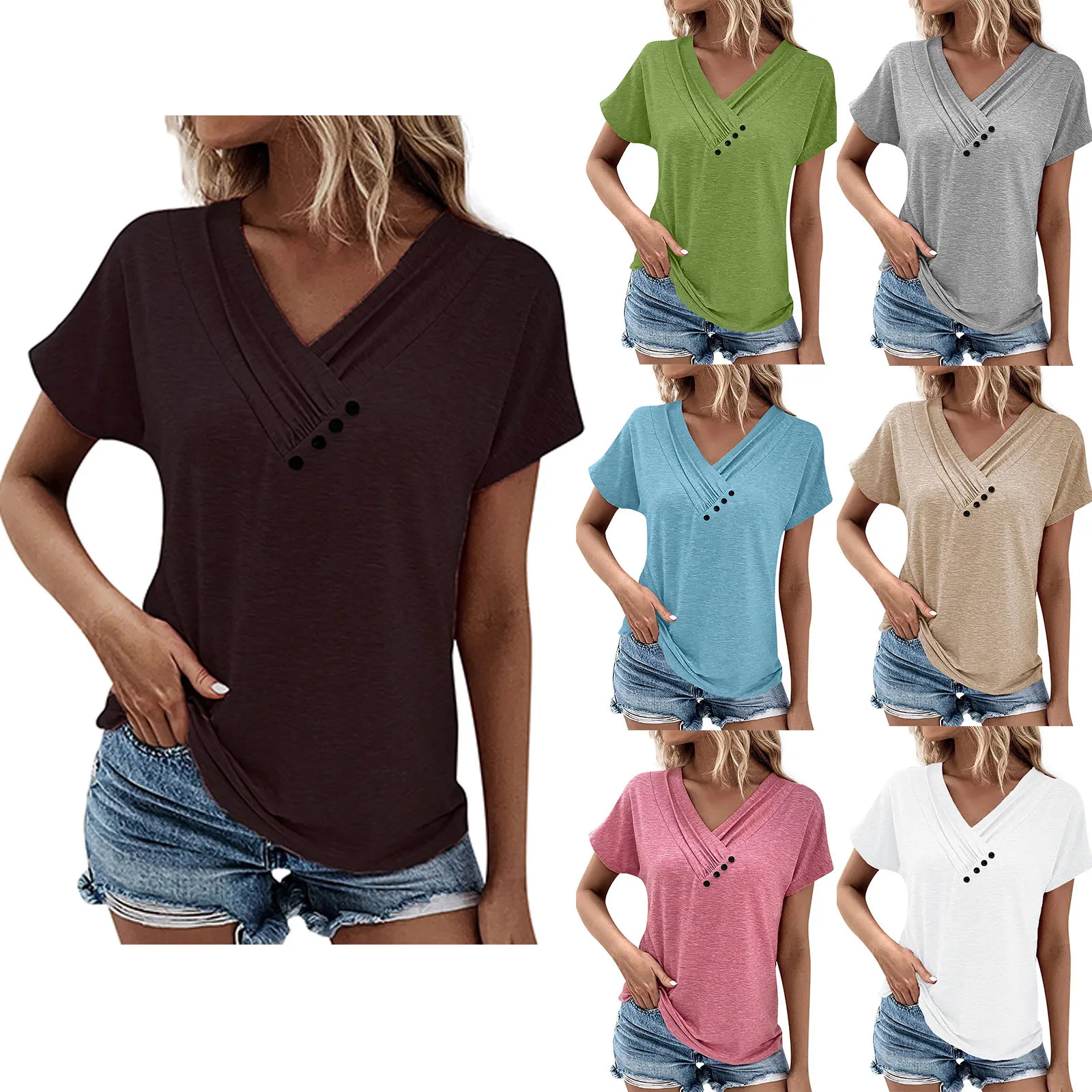 new Women's T shirts 2025 Solid Color For Women V-Neck Short Sleeve Comfy Womens Tops Oversized Tshirts