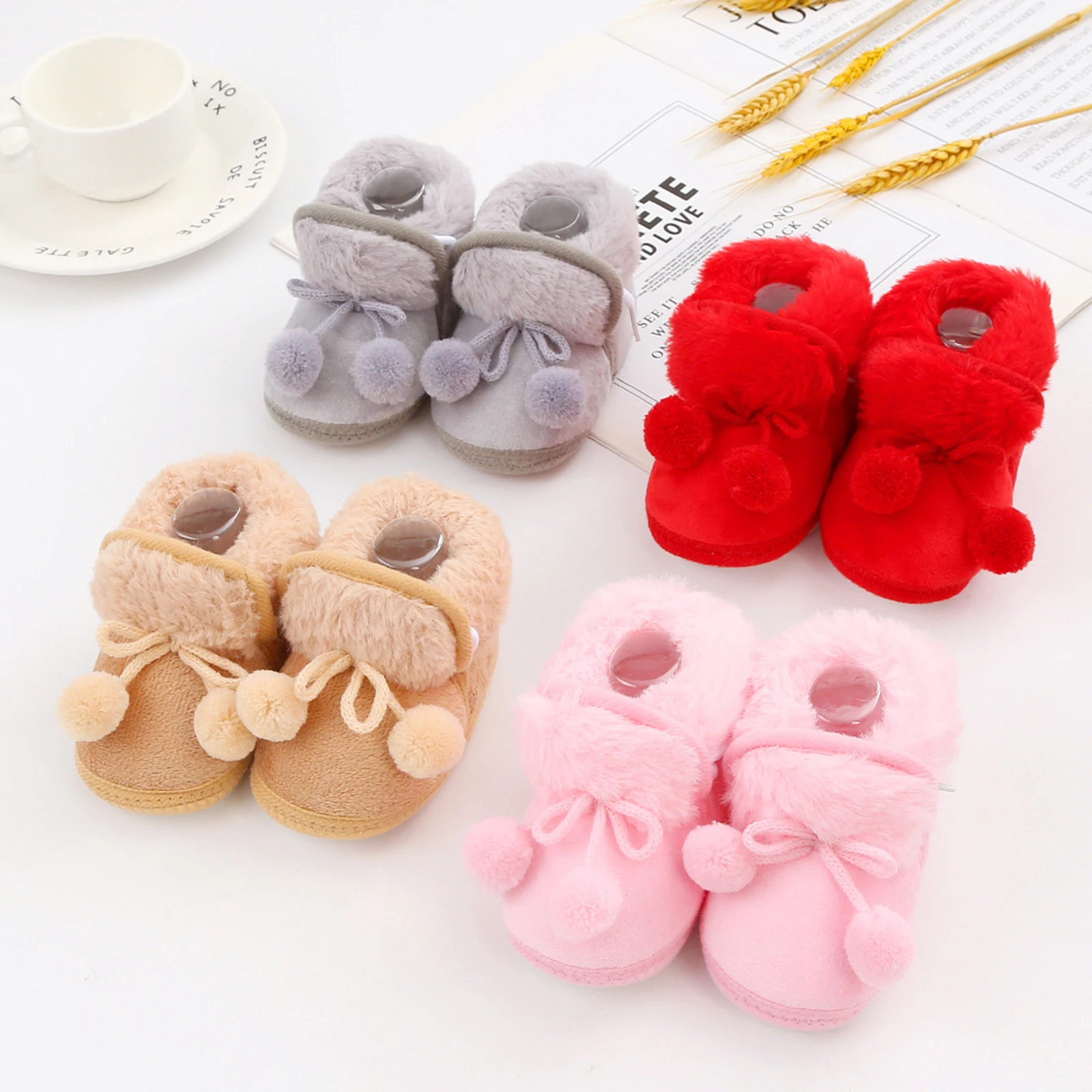 Winter Infant Baby Girls Snow Boots Warm Plush Bobble Decorated First Walker Fluff Balls Thicken Boots Shoes 0-12 Months