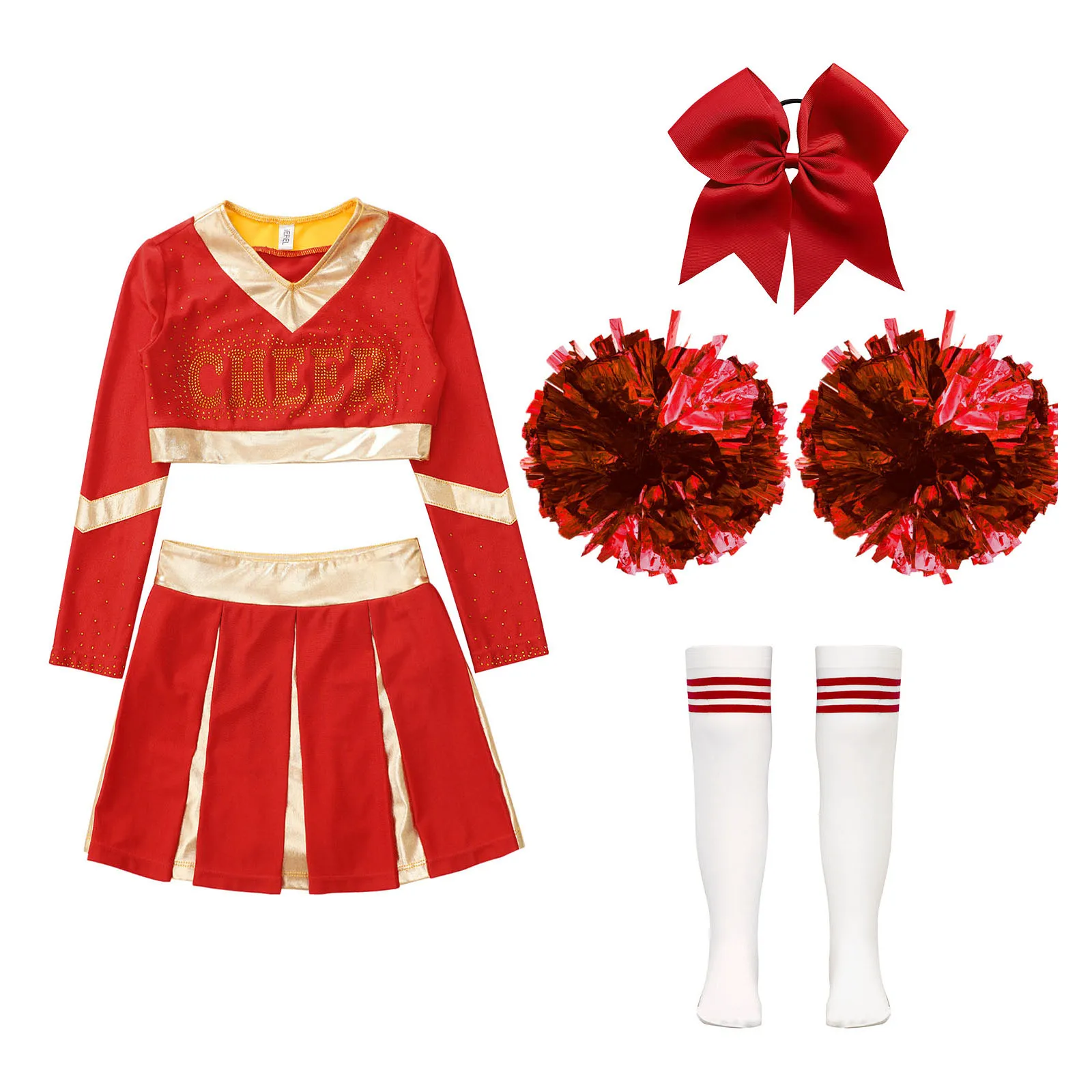 Kids Girls Cheerleading Uniform Long Sleeve Crop Top with Pleated Skirt Sets for Halloween Costume Dance Performance Competition