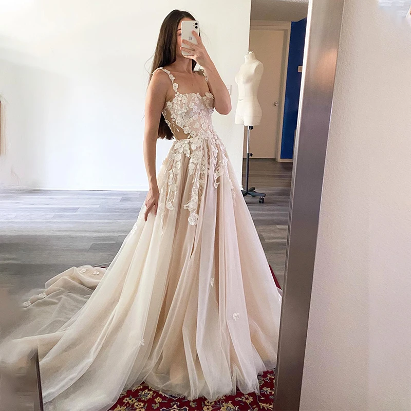 Elegant Two Straps 3d Flower Lace A Line Wedding Dresses Champagne Liner Tulle Appliques Formal Bridal Gowns Womens 2023