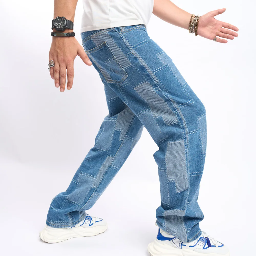 Men Loose Personalized Spliced Jeans High Quality Male Streetwear Straight Denim Pants