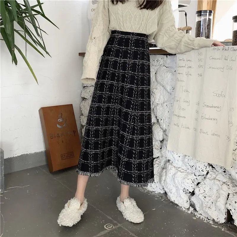 Korejepo Sweet Knitted Skirt Women Autumn Winter New A line Black Skirts Mid Length Umbrella Student Gentle Bottoms