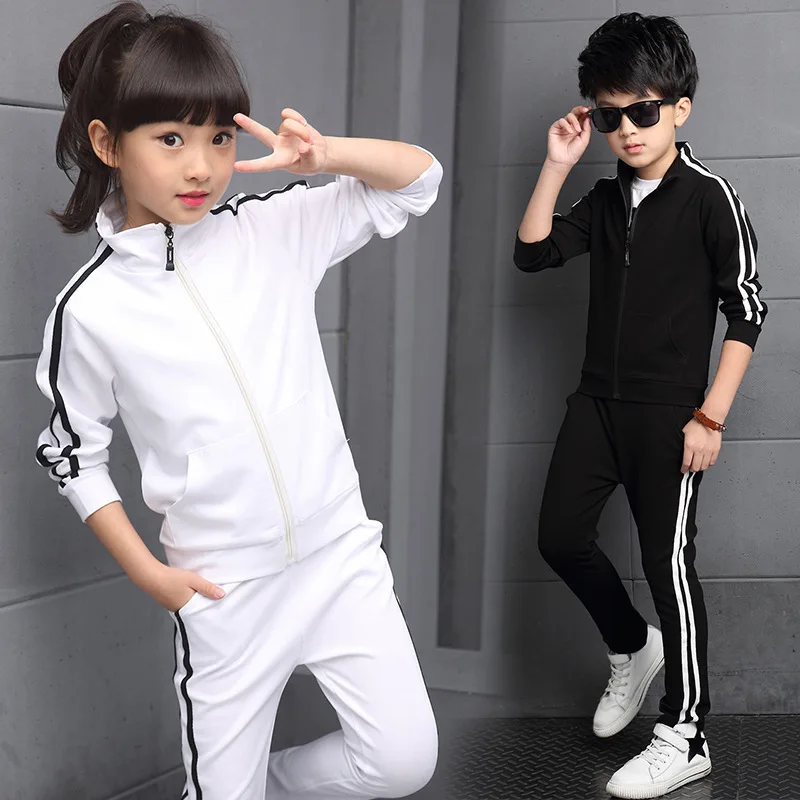 2022 girls Boys Clothes Children solid Color Sports Suit Teenager tracksuit strip jacket + sports pants 6 10 11 12 14 15 years