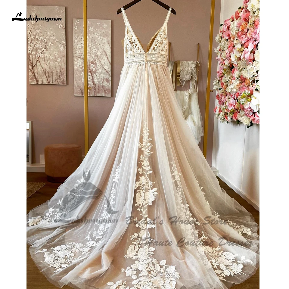 Lakshmigown Civil Boho new Champagne Wedding Dresses 2025 Spaghetti Straps 2024 Suknia Slubna Sexy Beach Bridal Gowns Lace Appliques