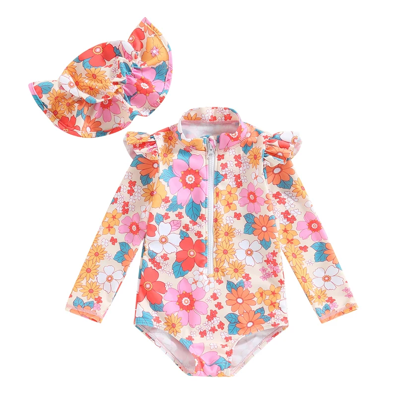 EWODOS 0-3 Years Toddler Baby Girls Summer Swimsuit Kids Swimwear Casual Long Sleeve Floral Print Beachwear Bathing Suit + Hat