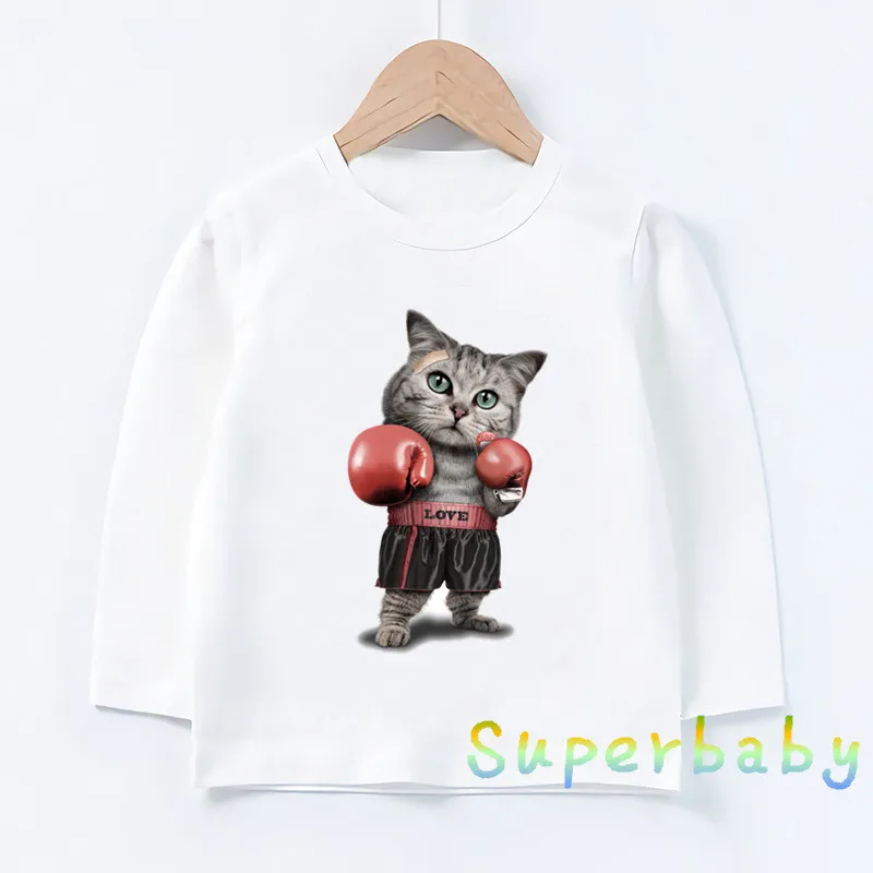 Kids T-Shirts Super Cool Boxing Cat Attack Print Funny new 2025 Girls Boys Clothes Autumn Baby Long Sleeve T shirt Casual Children Tops