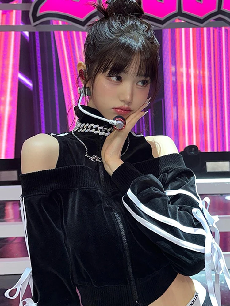 AltGoth Streetwear Sweet Veet Crop Jackets Women Mall Gothic Aesthetic new Y2k Lace-up Bow Cut Out 2025 Shoulder Cardigan 2023 Autumn