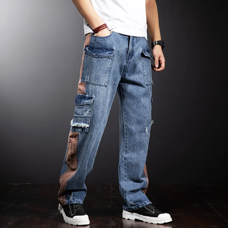 Patchwork Straight 2025 Wide Leg Denim Pant Multi Pocket Loose Cargo Jeans for Mens Baggy Men new Cowboy Trousers