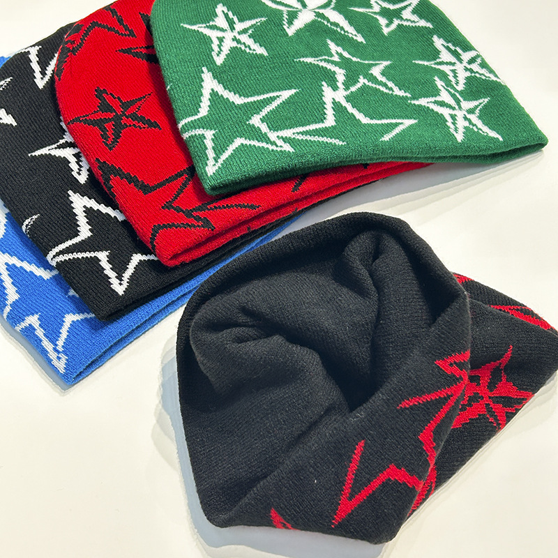 Autumn Winter Star Pentagram Knitted Vintage Men's and Women's Woolen Hip Hop Print Beanie Hat Outdoor Sports Warm Cap