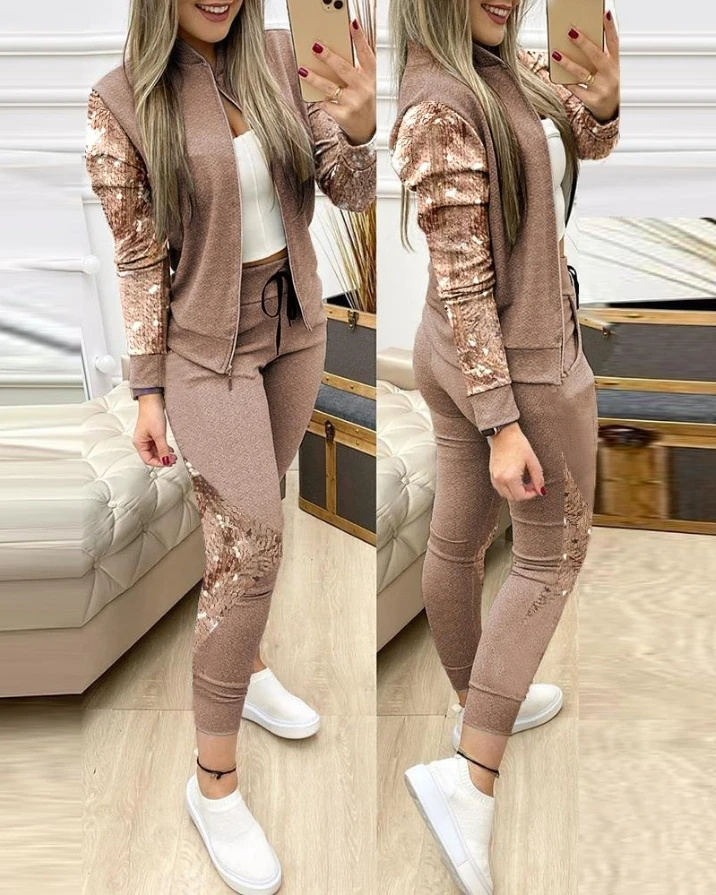 Two Piece Sets Womens Outifits Casual Long Sleeve Contrast Sequins Zipper Design Jacket & Drawstring Skinny Pants Set Autumn & smile & &