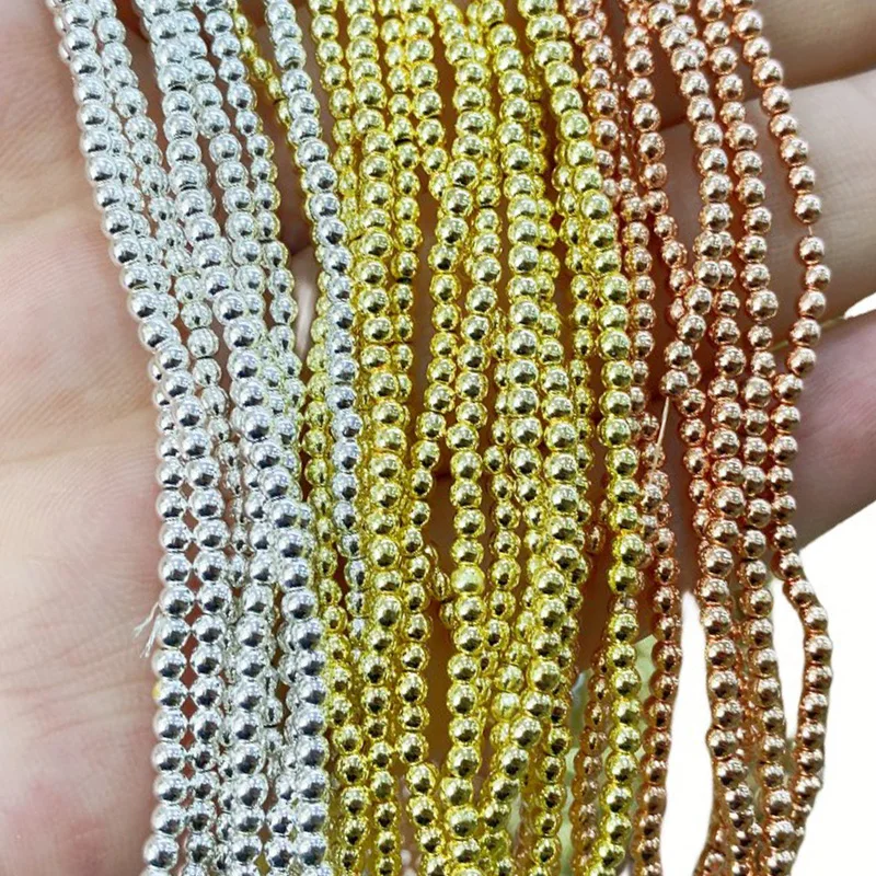 2 3 4MM Natural Hematite Plating Silver Golden Color Round Stone Beads for Jewelry Making Diy Bracelet Earrings Accessories 15''