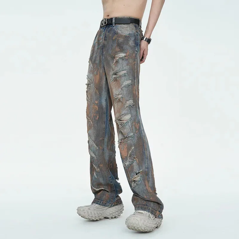 FEWQ American Style Men Jeans Autumn Trend Streetwear 2025 Niche Men Torn Holes Painted Old Pants 2023 Male new Trouser 24X2108