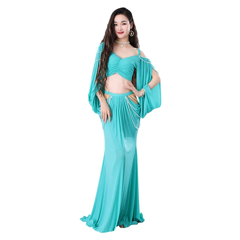 Sexy Two Piece Belly Dance Costume Set For Women Elegant Cut-out Long Sleeve Hollow Camisole With High-Rise Slim Long Skirts
