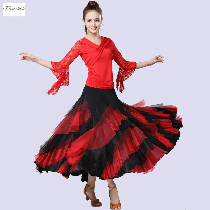 Women s skirt Dancing Costume Flamenco Waltz Ballroom Dance Skirt Layered Big Swing Spanish Skirts