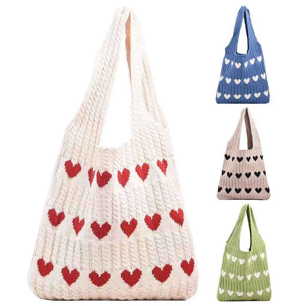 Women Knit Love Tote Bag Color Blocking Lightweight Handbag Large Capacity Crochet Satchel Bag Top Handle Bag Commuting Bag