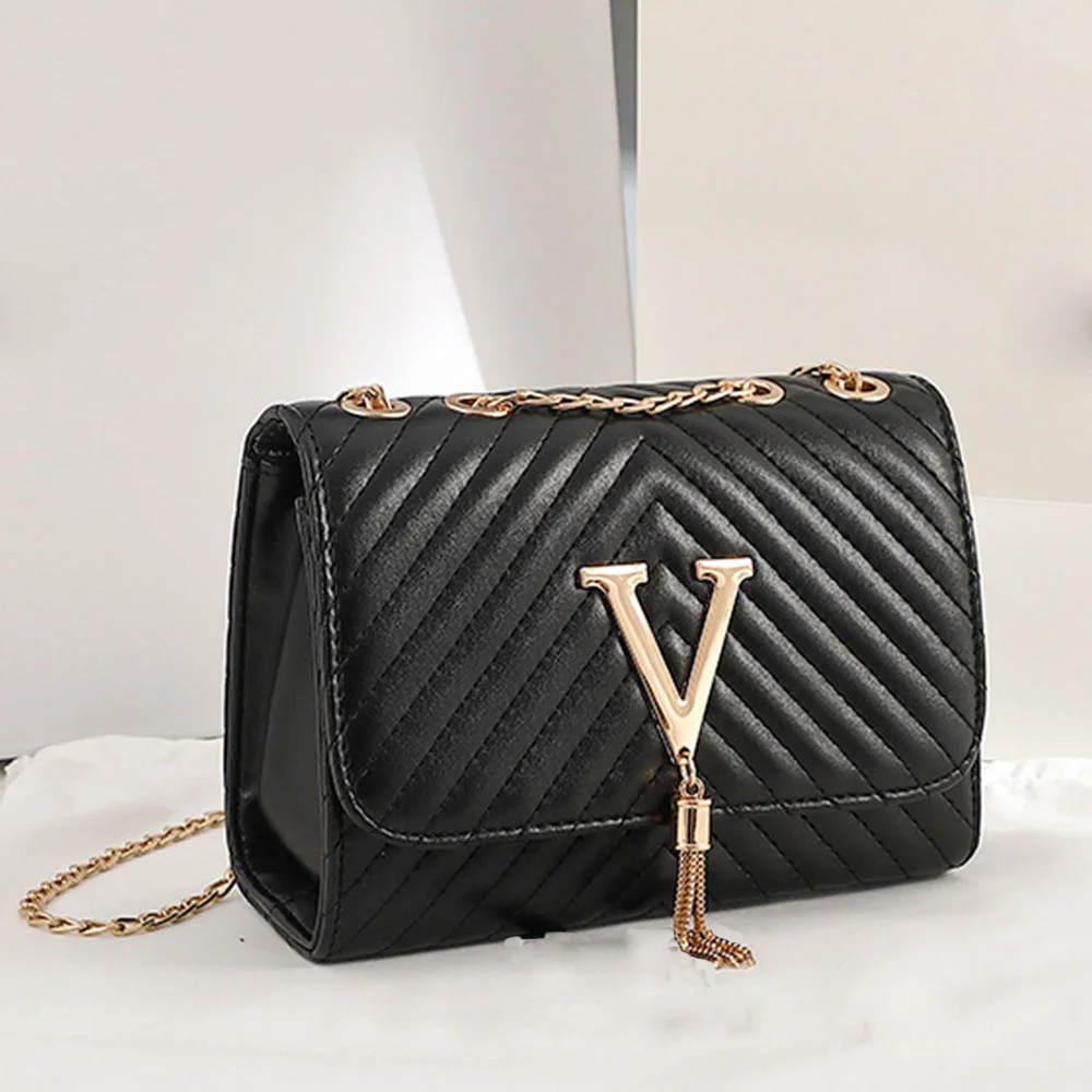 Women's Fashion Handbag Trend Luxury Brand Striped Embroidered Shoulder Bag V Tassel Decorative Crossbody Bags for Women Сумка