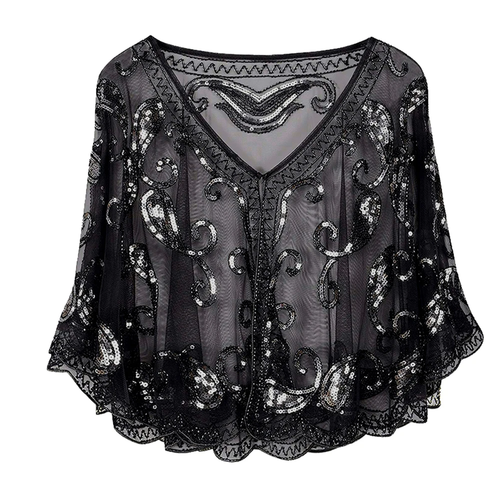 Women's 1920s Shawl Beaded Sequin Decor Lady Evening Cape Bolero Flapper Cover up Blouse Banquet Stage Formal Shawl Accessories