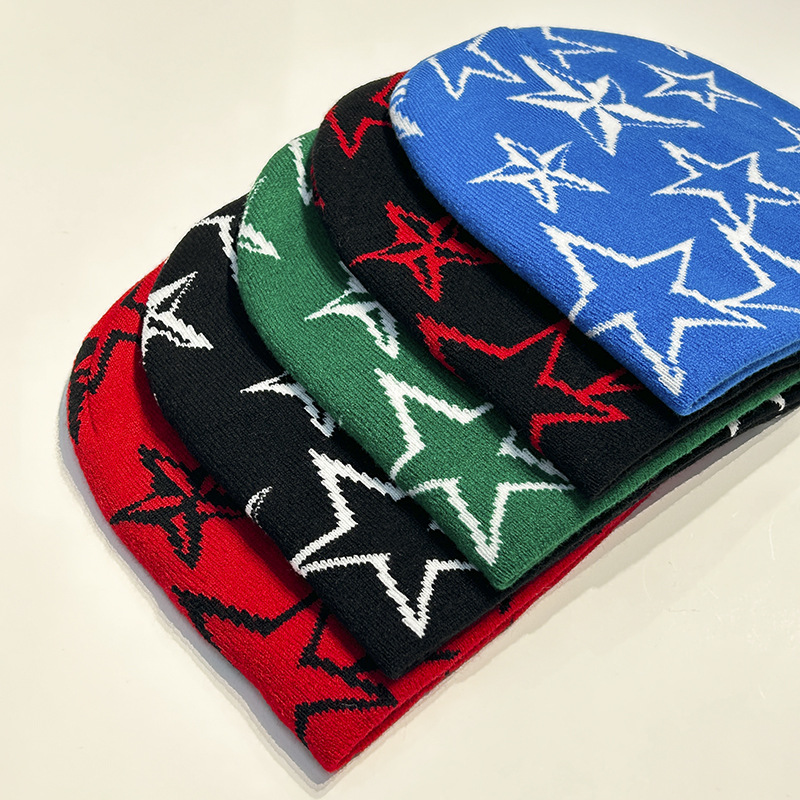 Autumn Winter Star Pentagram Knitted Vintage Men's and Women's Woolen Hip Hop Print Beanie Hat Outdoor Sports Warm Cap