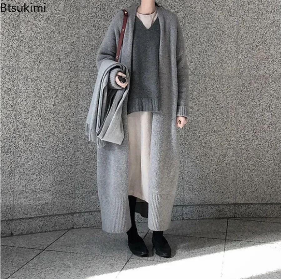 2024 Women's Thick Warm Long Sweater Coat Carfigans Solid Loose Knitted Cardigan Jacket Female Korean Versatile Sweaters Female