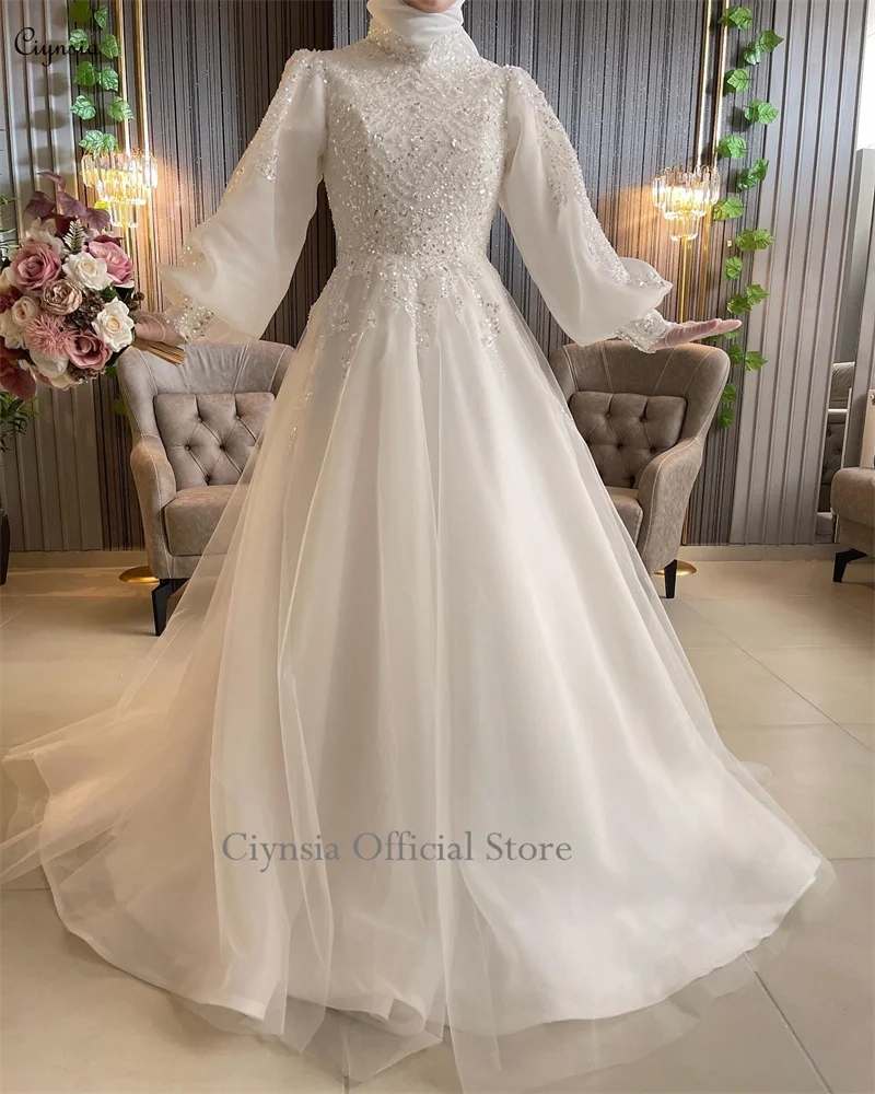 Ciynsia Full Sleeves Vestido De Noiva 2024 Muslim new Wedding Dresses For Women A Line Tulle Lace Beading Dubai Hijab 2025 Bridal Gowns