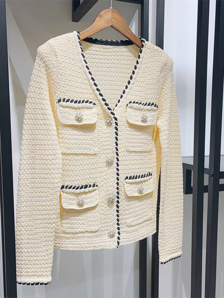 Women's Loose Knit Cardigan V-Neck Temperament 2023 Early Spring Female Long Sleeve Multiple Pockets Sweater with Pearl Buttons