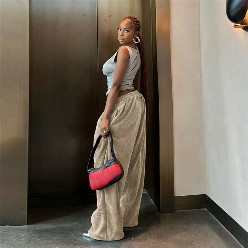 Deeptown Corduroy Oversized Pants Women Y2K Vintage Baggy Wide Leg Casual Pocket Trousers Harajuku Streetwear Sweatpants Korean