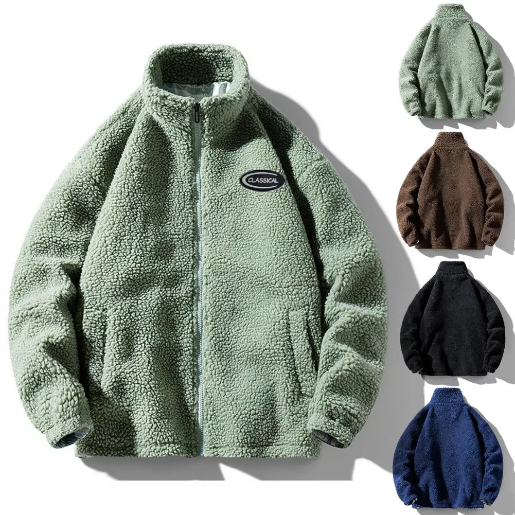 Autumn Winter Thick Warm Men Faux Sherpa Jacket Stand Collar Zipper 2025 Pocket Long Sleeves Casual new Solid Color Male Casual Coat