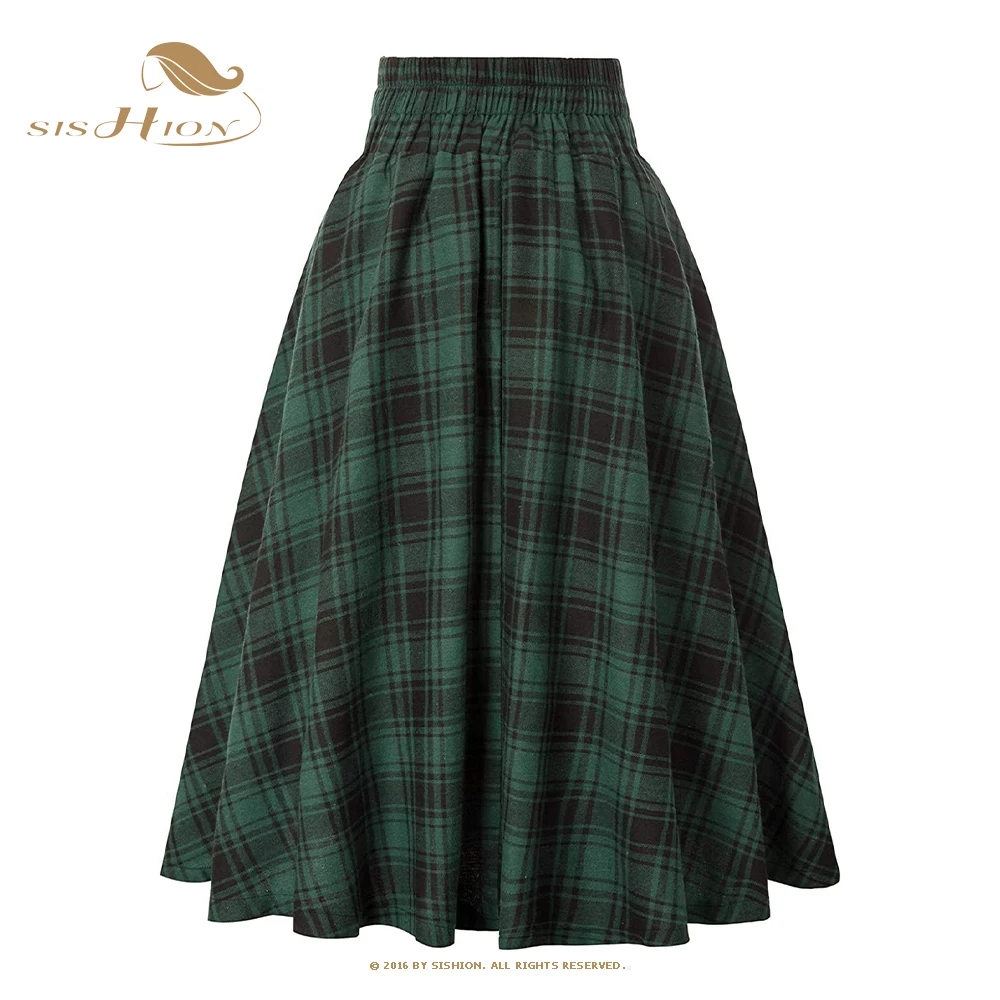 SISHION 2023 Autumn New A Line Swing Buttons Long Midi Vintage Skirt SS0037 Red Green High Waist Plaid Skirts for Women Jupe