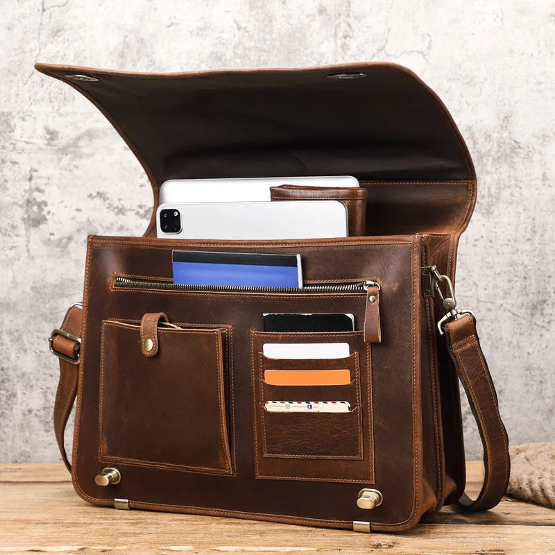 Luufan Briefcase Laptop Men's Genuine Leather Handbag Casual Daily Working Tote Male Computer Bag Shoulder Bags For A4 Documents smile