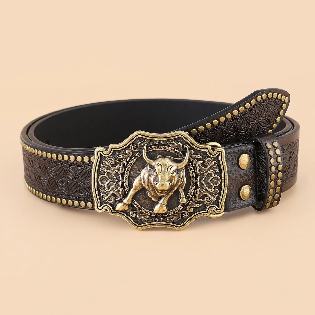 Adjustable Embossed Bull Head Pattern Buckle Belt PU-Leather Waist Belt Ethnic Style Belt Teens Man Waist Belt Wear-Resistant