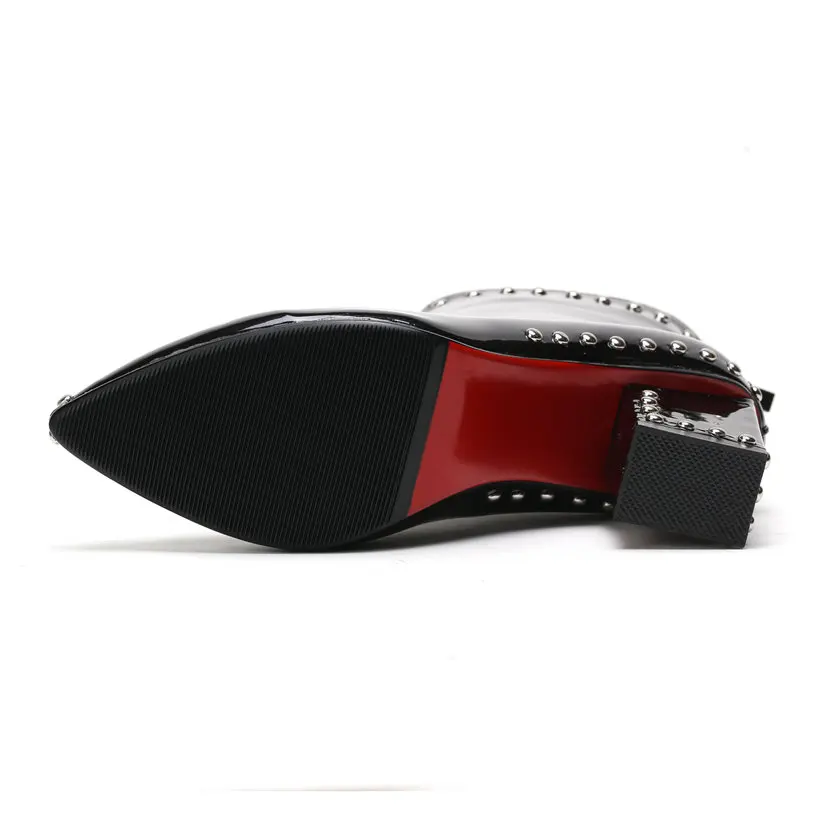 Winter Rivet Women Ankle Boots High Block Heels Pointed Toe Black Studded Patent Leather Plush Casual Ladies Zipper Short Boots