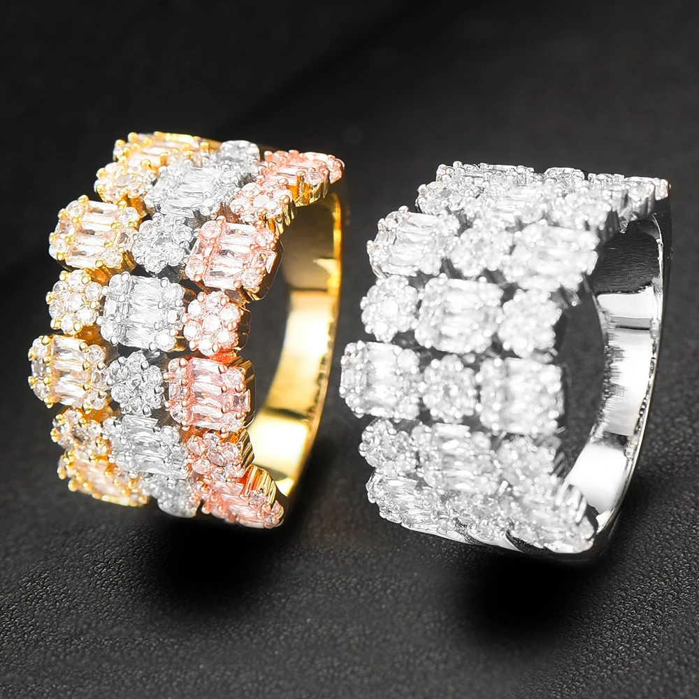 GODKI Luxury 3 Rows In 1 Bold Statement Rings with Baguette Zirconia Stone 2023 Women Engagement Party Jewelry High Quality