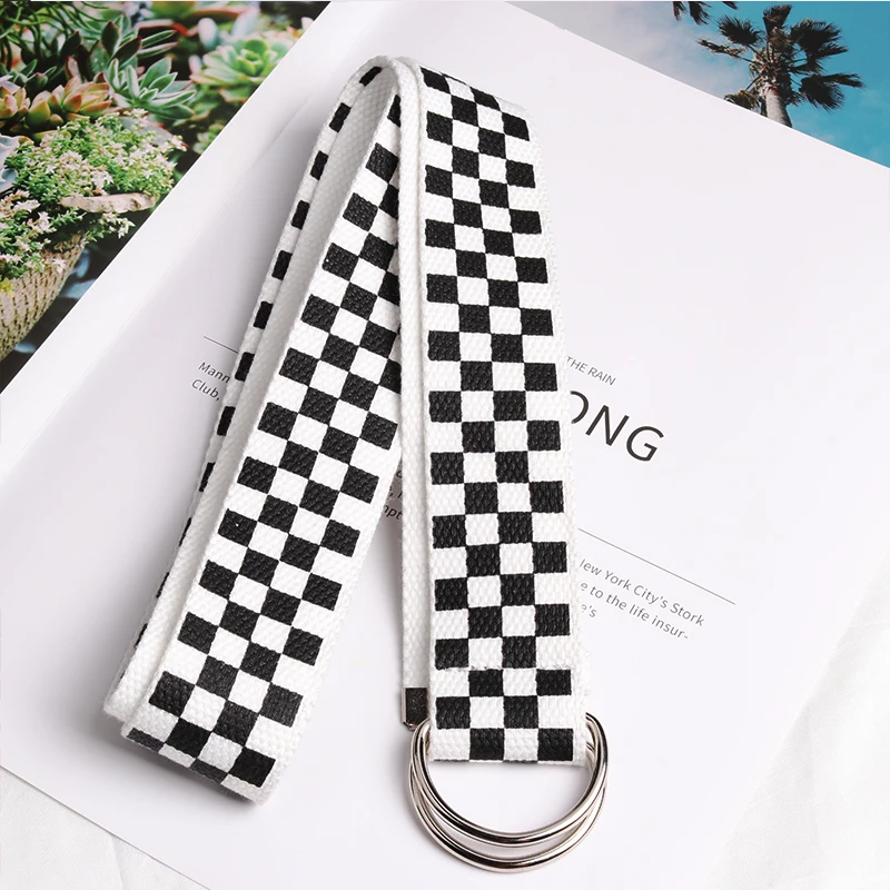 Casual Checkerboard Canvas Belt for Men Women Black Plaid D Ring Double Buckle Long Waist Strap Student Teenager Jeans Belts
