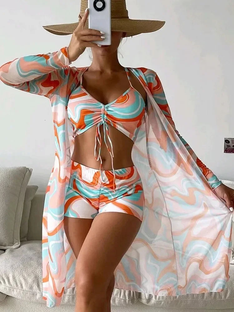 Tropical Print Bikini 3pack Drawstring Ruched Cover Up Women Swimsuit Long Sleeve Swimwear Beach Wear Bathing Suit 240327
