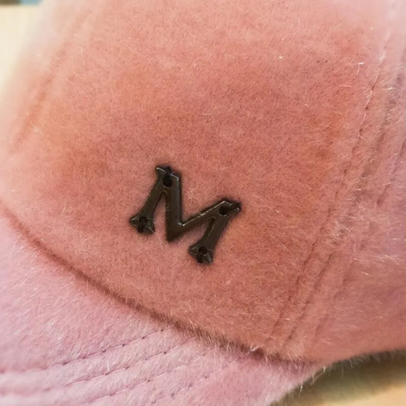 Winter thickened ladies fur ball hat letter M Baseball Cap retrro caps women bone gorras curved fitted washed vintage dad hats