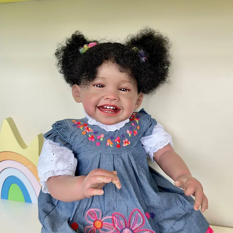 24inch Mila Dark Brown Skin Reborn Toddler Girl Doll Happy Girl Soft Cloth Body Rooted Hair High Quality Hand new 2025 Painted Doll