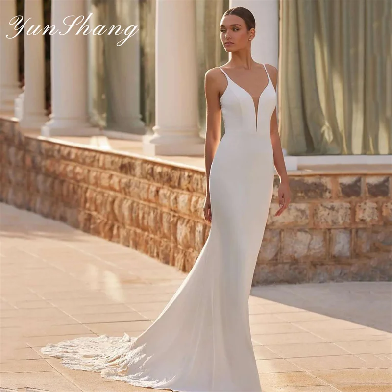 Yunshang Elegant Mermaid Wedding Dresses V-Neck Women Lace Open Back Spaghetti Straps Bridal Gowns Sweep Train Vestidos De Novia
