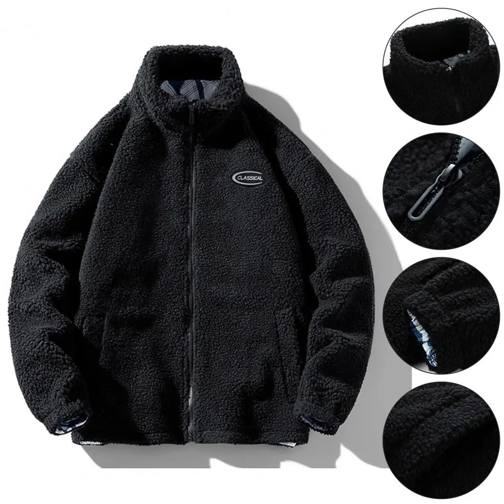 Autumn Winter Thick Warm Men Faux Sherpa Jacket Stand Collar Zipper 2025 Pocket Long Sleeves Casual new Solid Color Male Casual Coat