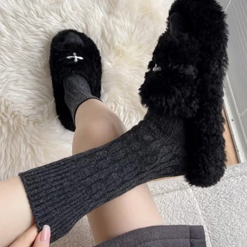 pairs Winter Cashmere Wool Socks Solid Color Haruku Retro Long for Women Knitted Warm Thermal Streetwear Crew Sock 5