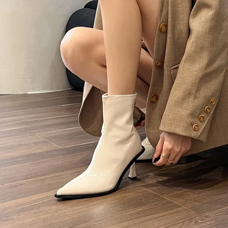Women Sexy Pointed Toe High-heeled Ankle Boots Autumn New Zip Patent Leather Ankle Boots Female Elegant Thin Heels Party Shoes